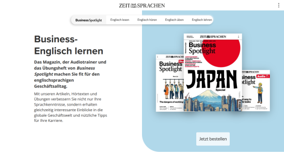 Website promoting business English learning with magazine covers and a call-to-action button.