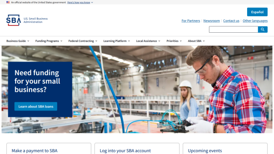 U.S. Small Business Administration homepage offering funding information for small businesses with navigation and search