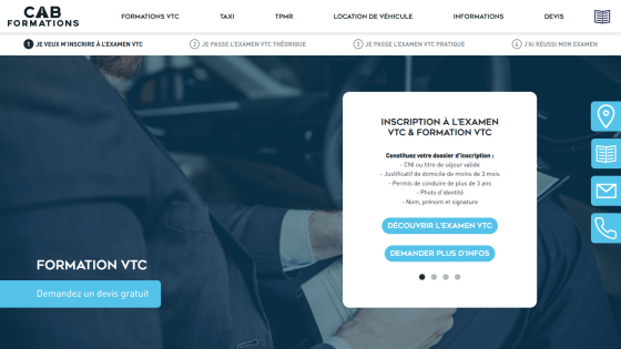 Website for CAB Formations offering VTC exam registration and training with steps and document requirements