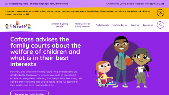 Cafcass homepage advising family courts on children's welfare with navigation and cartoon characters
