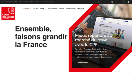 Homepage of Caisse des Dépôts with a call to action about growing France together.