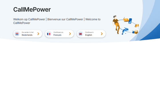 CallMePower welcome page with language selection buttons in Dutch, French, and English and an illustration