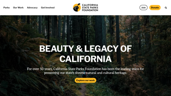 California State Parks Foundation homepage with a forest background and text about preserving California's natural and cultural heritage