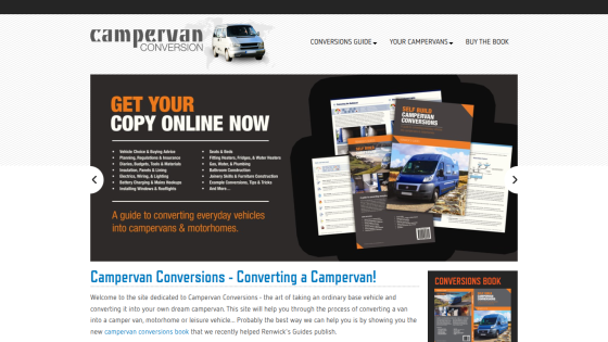 Campervan Conversions website promoting online copy with a guide to converting vehicles.
