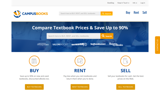 CampusBooks homepage with search bar to buy, rent, or sell textbooks and savings up to 90%