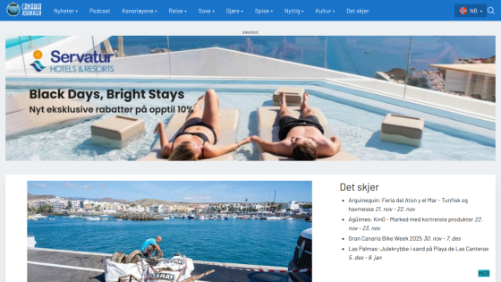 News website with navigation menu, promotional banner for Servatur Hotels & Resorts, and upcoming events list