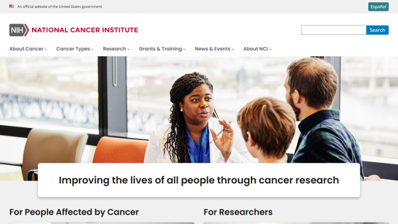 National Cancer Institute homepage featuring a diverse team discussing cancer research.