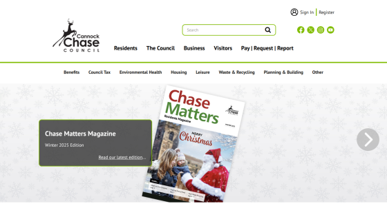 Cannock Chase Council homepage with navigation, search, social icons, and Chase Matters Magazine winter 2025 edition featured
