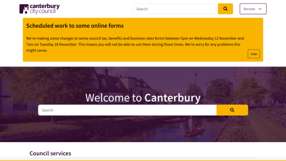 Canterbury City Council homepage with a search bar and notice about scheduled work on online forms