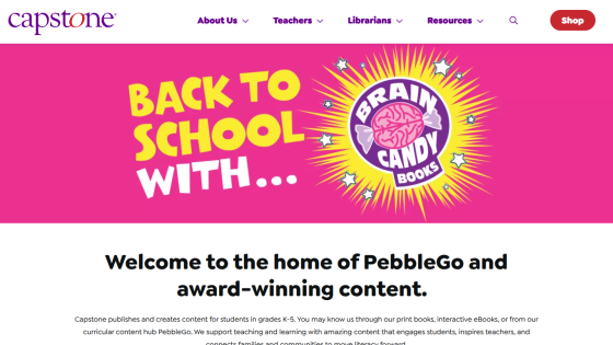 Capstone website promoting Brain Candy Books for back to school and PebbleGo educational content for K-5 students