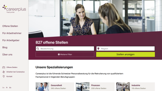 Job search interface displaying 827 open positions with a search bar and featured specialties.