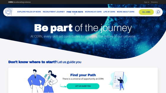 CERN careers page inviting users to be part of the journey with guidance to find their path and explore job opportunities