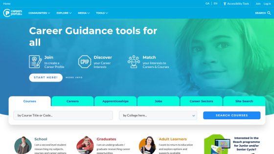 Career guidance tools homepage with navigation, search bar, and options to join, discover, and match careers