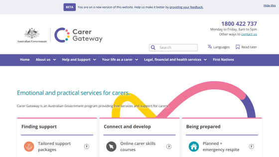 Carer Gateway website offering emotional and practical services for carers with support categories and contact info