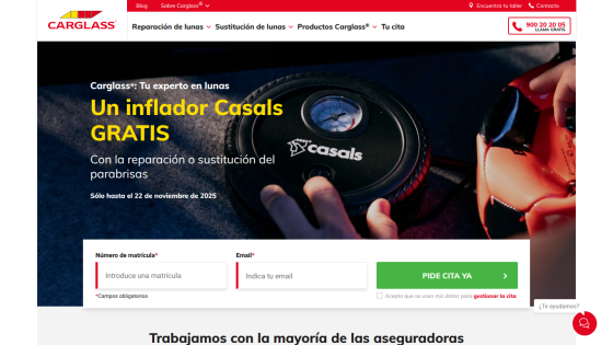 Carglass offers a free Casals inflator with windshield repair or replacement, includes form to request appointment
