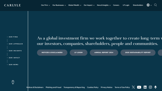 Carlyle Group homepage featuring navigation and a mission statement about investment collaboration.