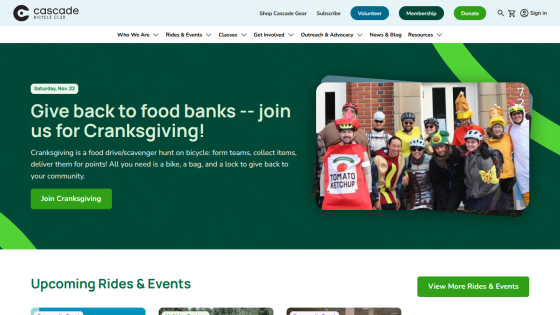 Cascade Bicycle Club homepage promoting Cranksgiving food drive event with call to action and group photo