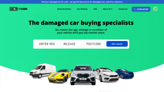 Homepage of a damaged car buying service with a quote form and images of various cars