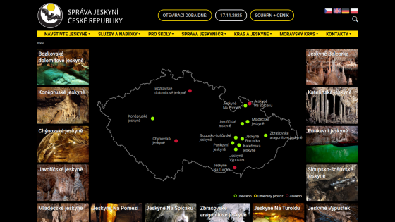 Map of Czech Republic caves with status indicators and cave images, navigation menu and date shown
