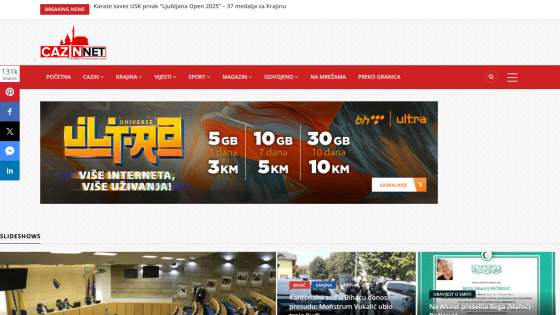 News website CAZINNET with navigation menu and hero banner advertising Universe Ultra