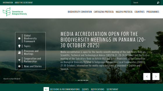 Media accreditation announcement for biodiversity meetings in Panama, with navigation links.