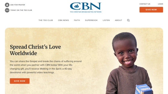 Homepage of CBN featuring a child and a message about spreading Christ's love.