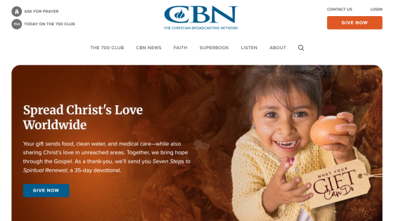 Christian Broadcasting Network homepage with a call to spread Christ's love worldwide and a donation button