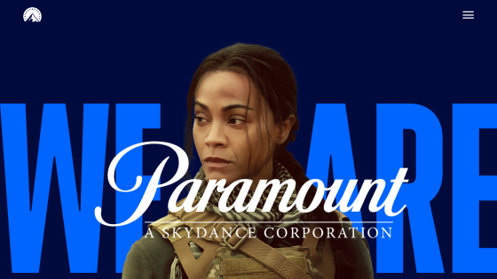 Paramount logo over a woman in military gear with large blue text behind her