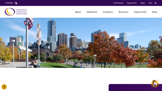 Community College of Denver homepage with navigation links and a teacher explaining math equations on a whiteboard