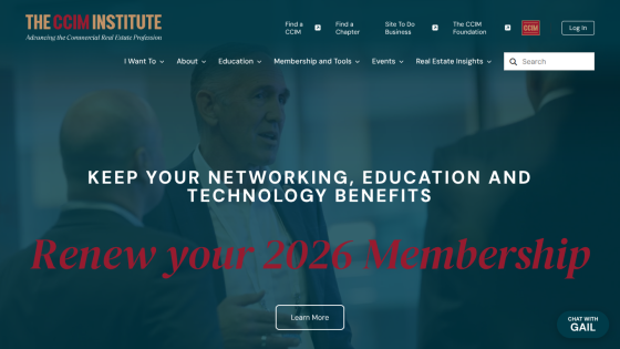The CCIM Institute homepage encouraging renewal of 2026 membership with navigation and search options.
