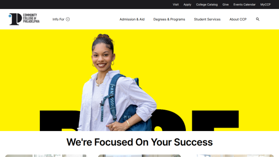 Homepage featuring a smiling student with a yellow background and the text 'We're Focused On Your Success.'