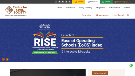 Homepage of Centre for Civil Society featuring the launch of the RISE index.