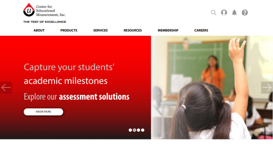 Center for Educational Measurement homepage with navigation and a hero section promoting assessment solutions for capturing students' academic milestones