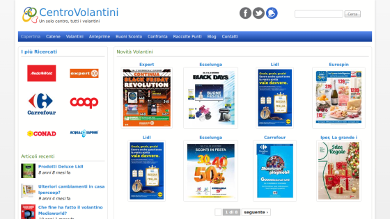 CentroVolantini homepage showing popular store logos and latest flyers for Expert, Esselunga, Lidl, Eurospin, Carrefour, and more