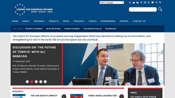 Center for European Reform homepage with headline on future of Turkey and image of a man speaking at a podium