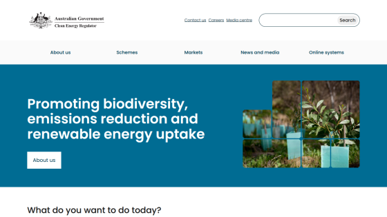 Australian Government Clean Energy Regulator homepage promoting biodiversity, emissions reduction, and renewable energy uptake