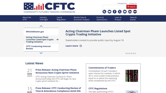 CFTC homepage featuring news on crypto trading initiatives and latest updates.