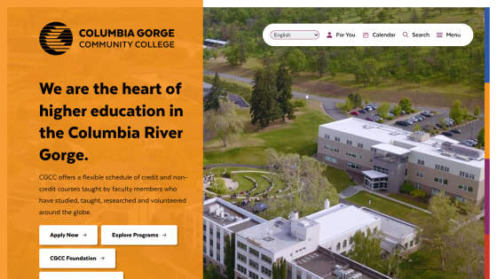 Columbia Gorge Community College homepage featuring a campus image and key text about education.