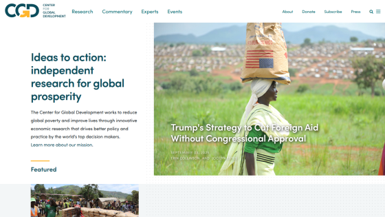 Homepage featuring research for global prosperity with a highlighted article on foreign aid.