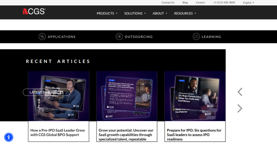 CGS website header with navigation and recent articles on SaaS growth and IPO readiness.