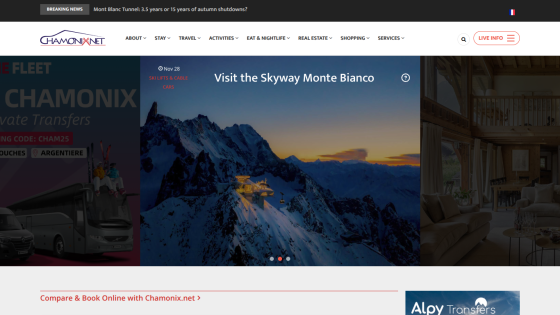 Chamonix.net homepage featuring navigation menu and hero section promoting the Skyway Monte Bianco experience with mountain background