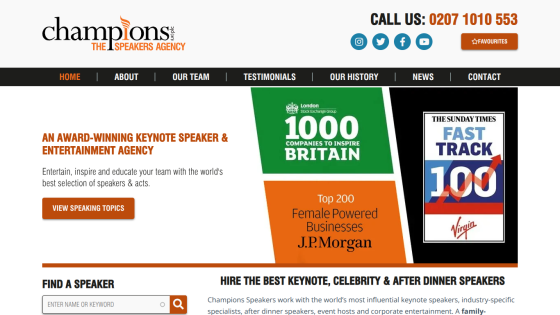 Champions Speakers Agency homepage with navigation, contact info, awards, and call to action to view speaking topics