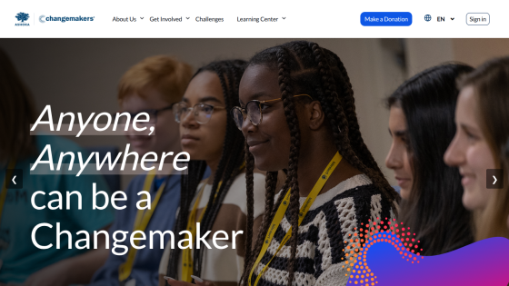 Homepage featuring diverse individuals with the text 'Anyone, Anywhere can be a Changemaker.'