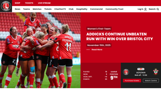 Charlton Athletic women's team celebrating a win with match stats and upcoming game details