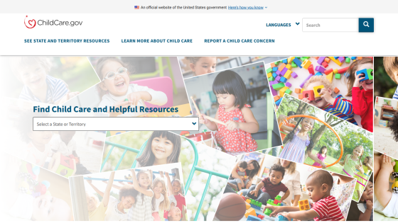 ChildCare.gov homepage with navigation links and a search tool for child care and helpful resources