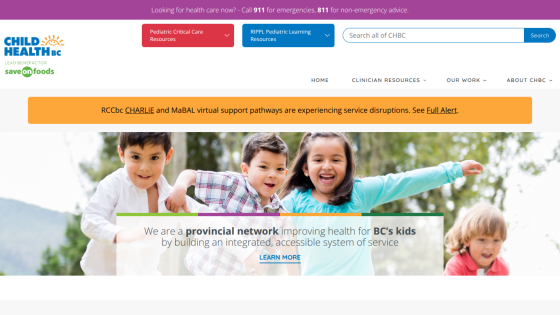 Child Health BC homepage with navigation, alert banner, and hero image of children promoting provincial network for kids' health