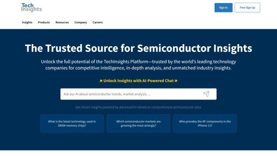 TechInsights homepage offering semiconductor insights with AI-powered chat and key semiconductor questions