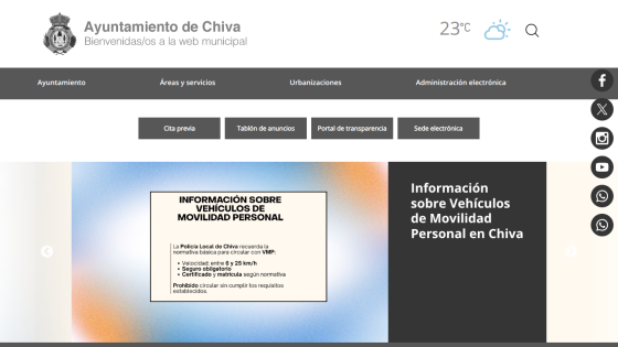Website header and hero section for Ayuntamiento de Chiva with information on aid programs.