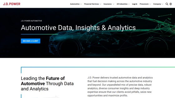 J.D. Power homepage featuring automotive data and analytics with a call to action.