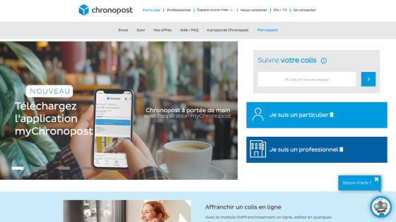 Chronopost website with app download prompt and tracking options visible.